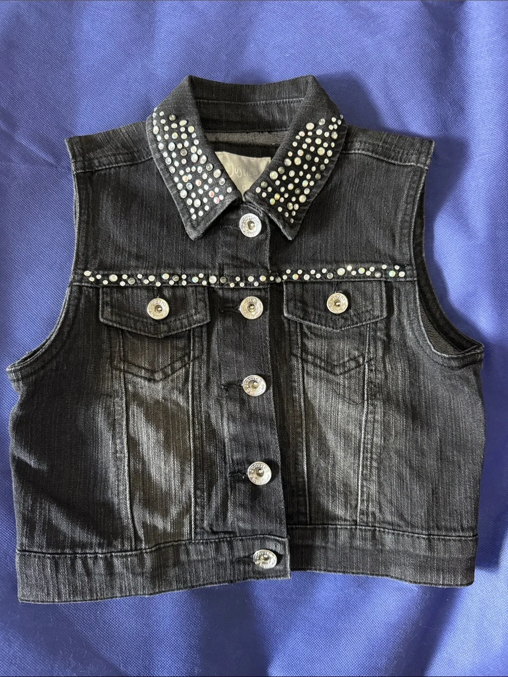 Justice Black Denim Vest with Rhinestone Collar